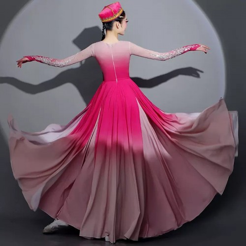 Pink Chinese folk Xinjiang dance dresses for women girls ethnic minorities Uyghur performance costumes art examinations swing skirts